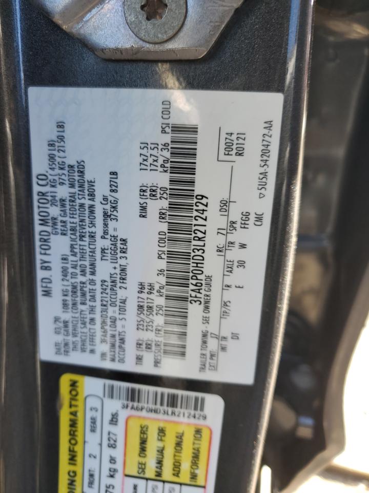 2020 Ford Fusion VIN 3FA6P0HD3LR212429 Copart auction photo, front end damage thumbnail 15