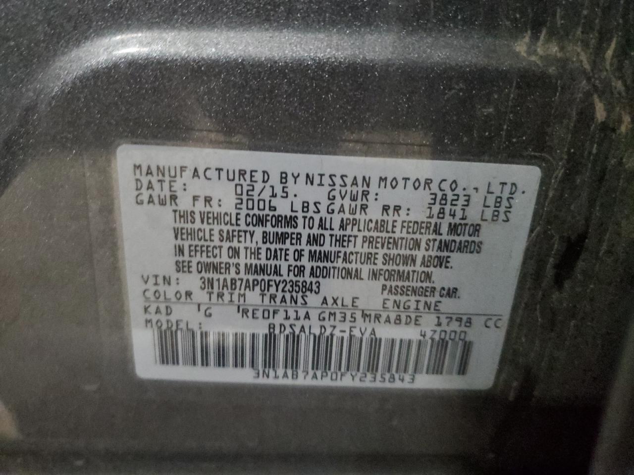 2015 Nissan Sentra VIN 3N1AB7AP0FY235843 Copart auction photo, front end / hail damage thumbnail 14