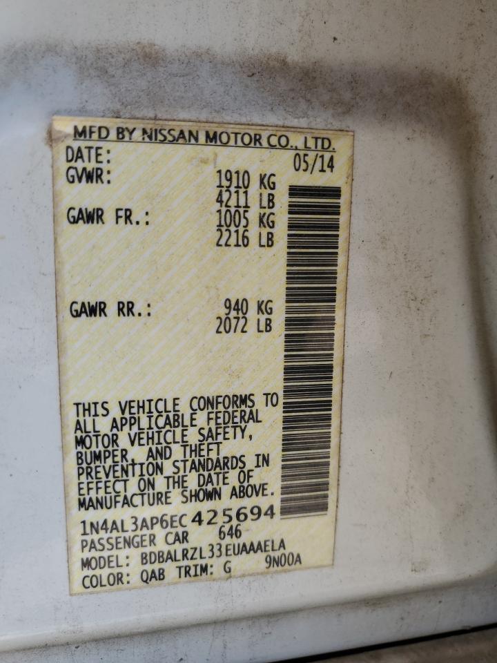 2014 Nissan Altima VIN 1N4AL3AP6EC425694 Copart auction photo, front end damage thumbnail 12