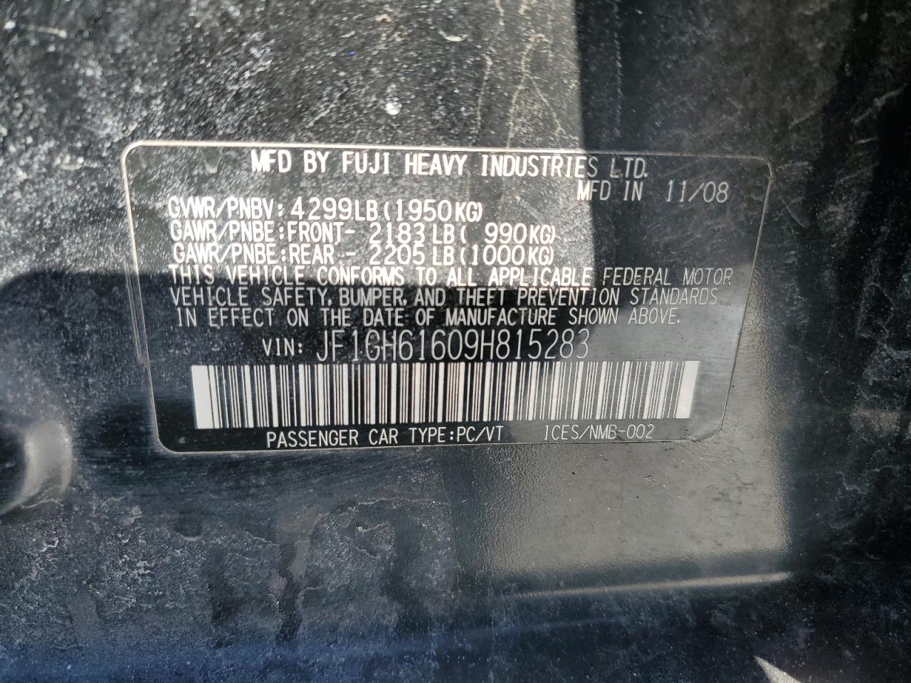 2009 Subaru Impreza VIN JF1GH61609H815283 Copart auction photo, front end damage thumbnail 12