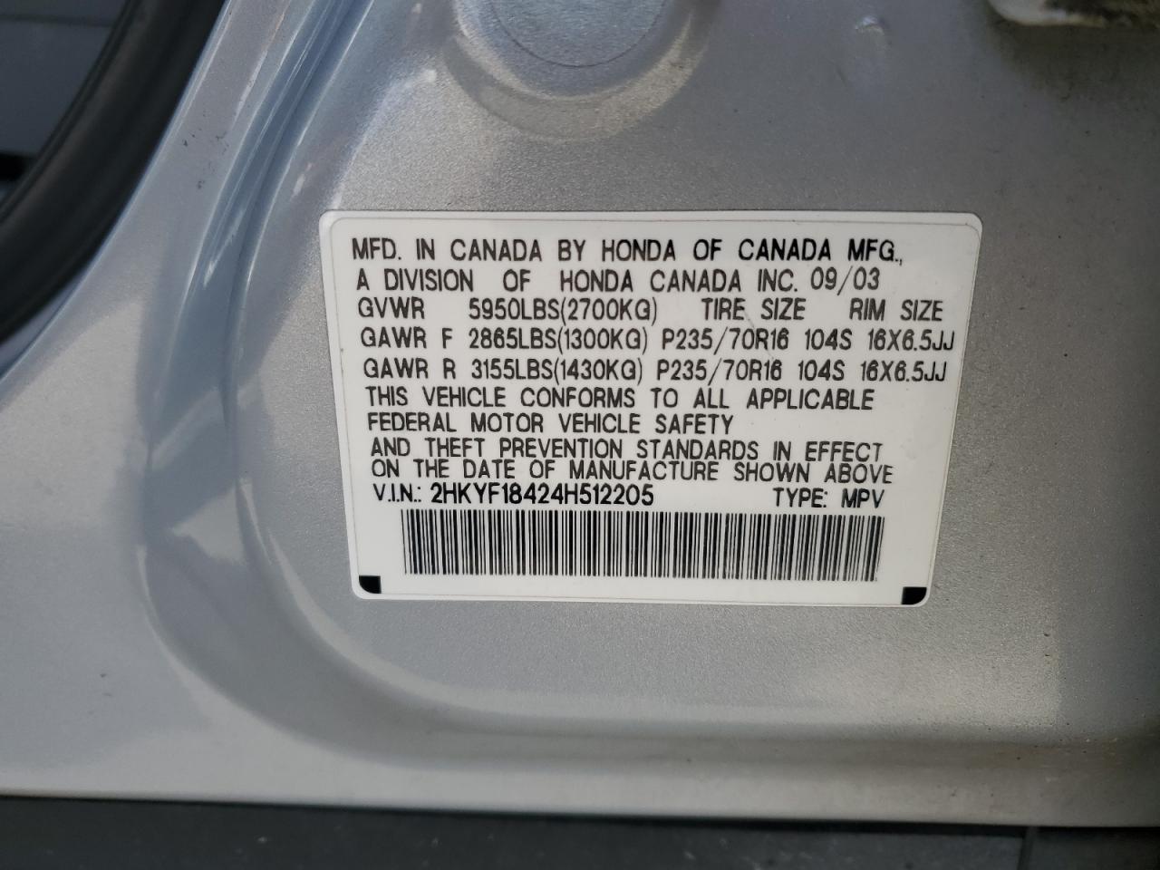 2004 Honda Pilot VIN 2HKYF18424H512205 Copart auction photo, all over / undercarriage damage thumbnail 15