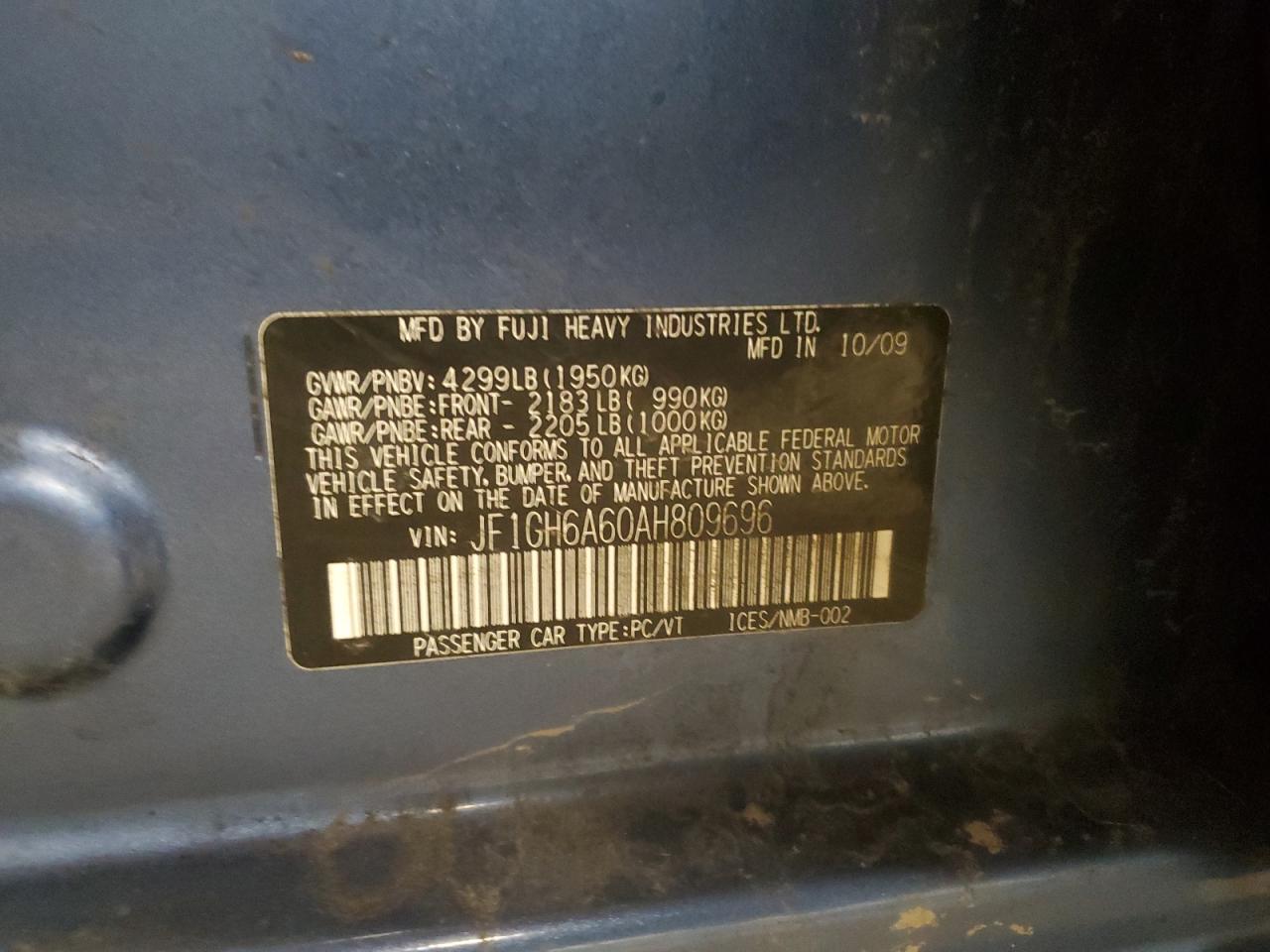 2010 Subaru Impreza VIN JF1GH6A60AH809696 Copart auction photo, side damage thumbnail 12