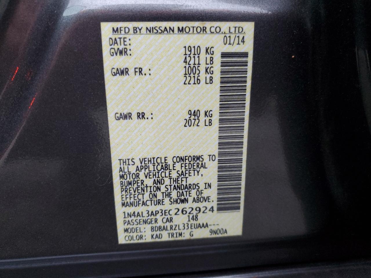 2014 Nissan Altima VIN 1N4AL3AP3EC262924 Copart auction photo, side damage thumbnail 12