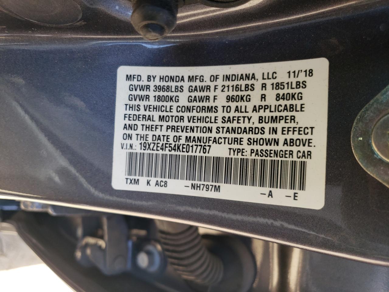 2019 Honda Insight VIN 19XZE4F54KE017767 Copart auction photo, front end / side damage thumbnail 14