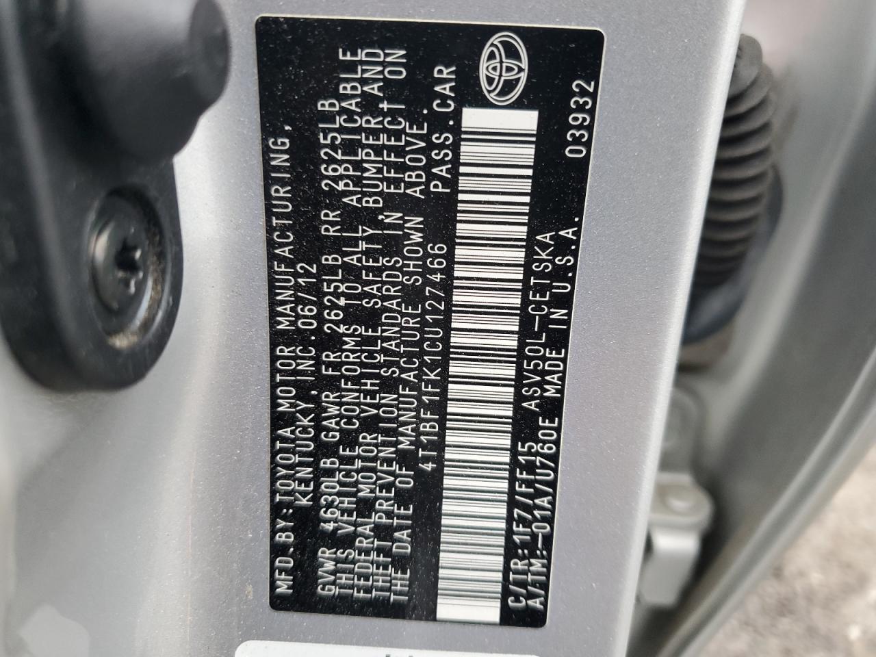 2012 Toyota Camry VIN 4T1BF1FK1CU127466 Copart auction photo, front end damage thumbnail 12