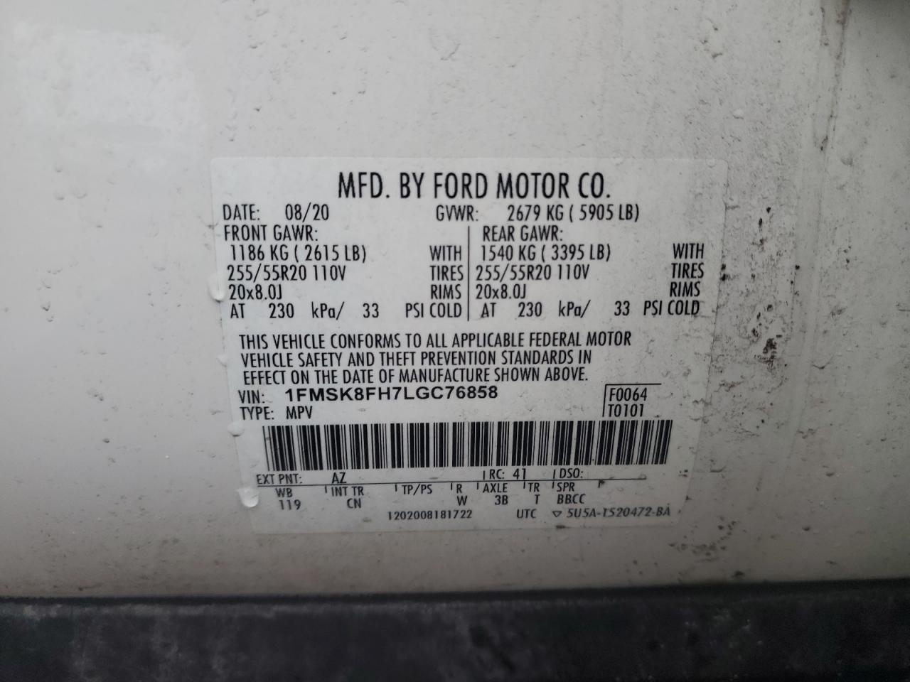 2020 Ford Explorer VIN 1FMSK8FH7LGC76858 Copart auction photo, all over damage thumbnail 13
