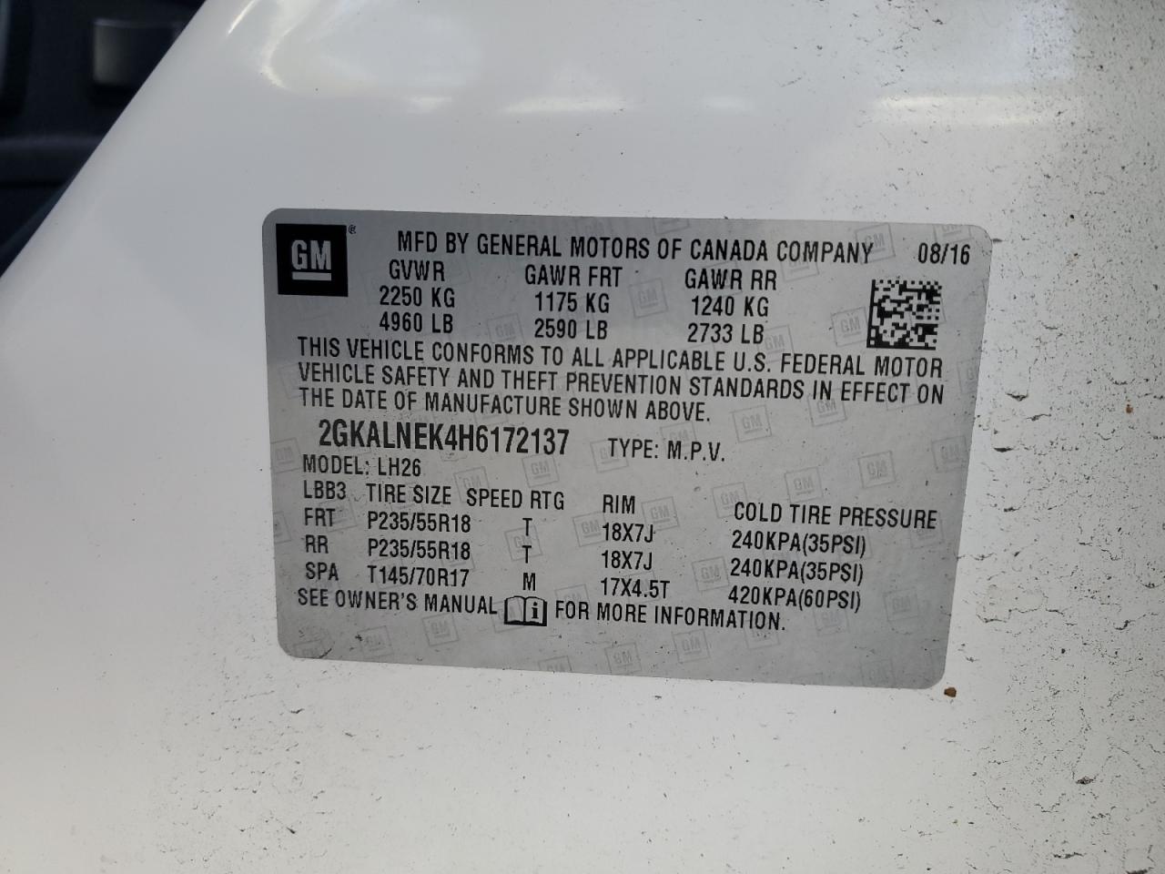 2017 GMC Terrain VIN 2GKALNEK4H6172137 Copart auction photo, all over damage thumbnail 12