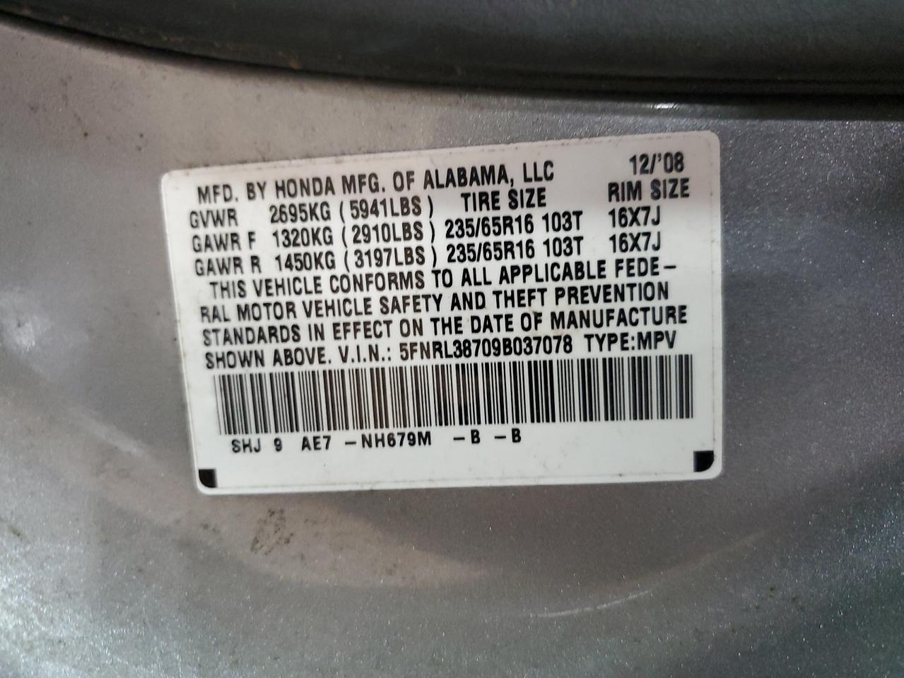 2009 Honda Odyssey VIN 5FNRL38709B037078 Copart auction photo, top/roof / all over damage thumbnail 13