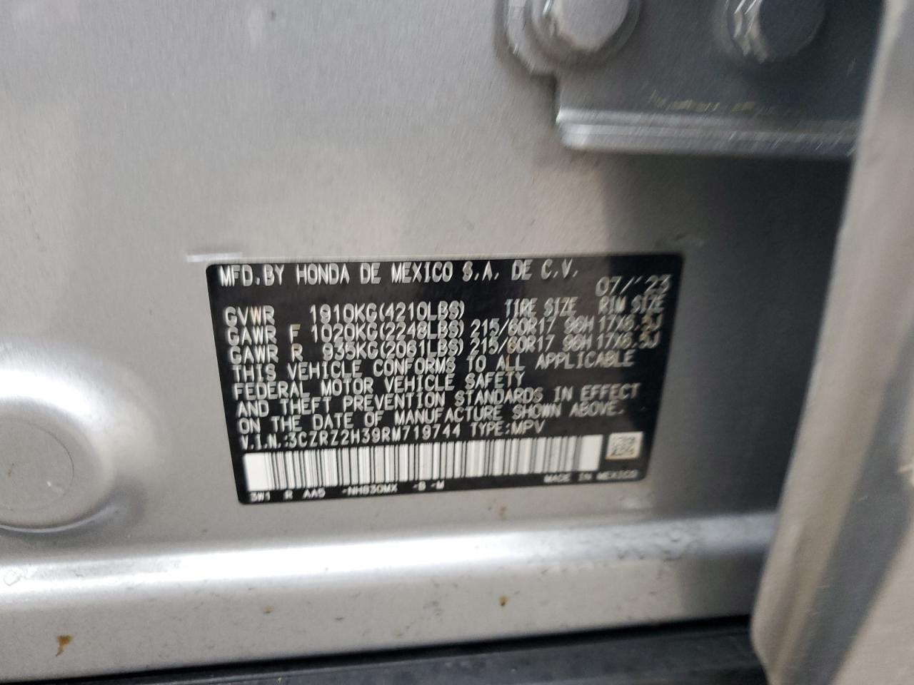 2024 Honda HR-V VIN 3CZRZ2H39RM719744 Copart auction photo, front end / side damage thumbnail 13