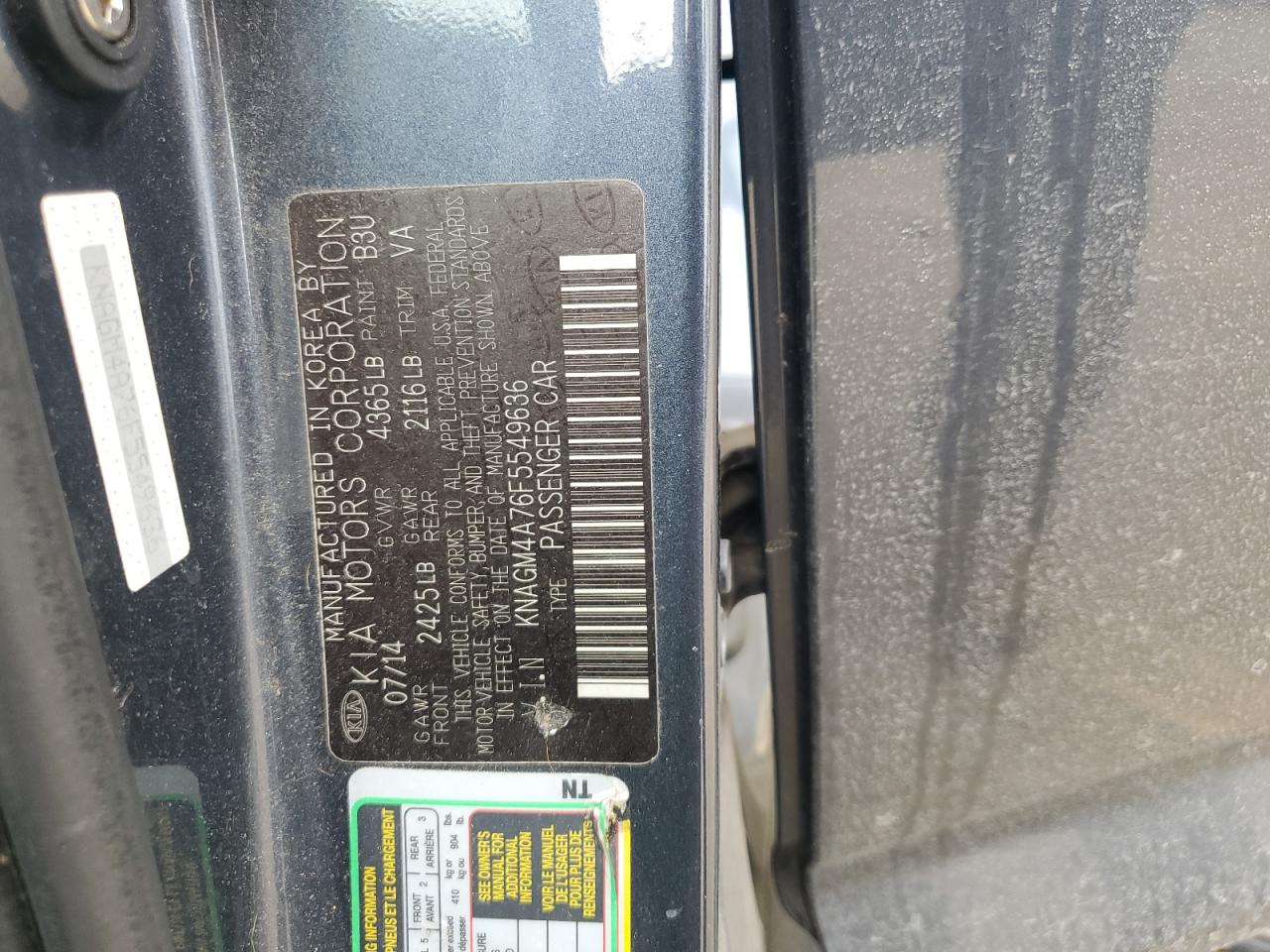 2015 KIA Optima VIN KNAGM4A76F5549636 Copart auction photo, front end damage thumbnail 12