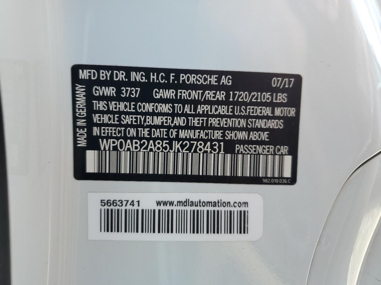 2018 Porsche Cayman VIN WP0AB2A85JK278431 Copart auction photo, rear end / mechanical damage thumbnail 12