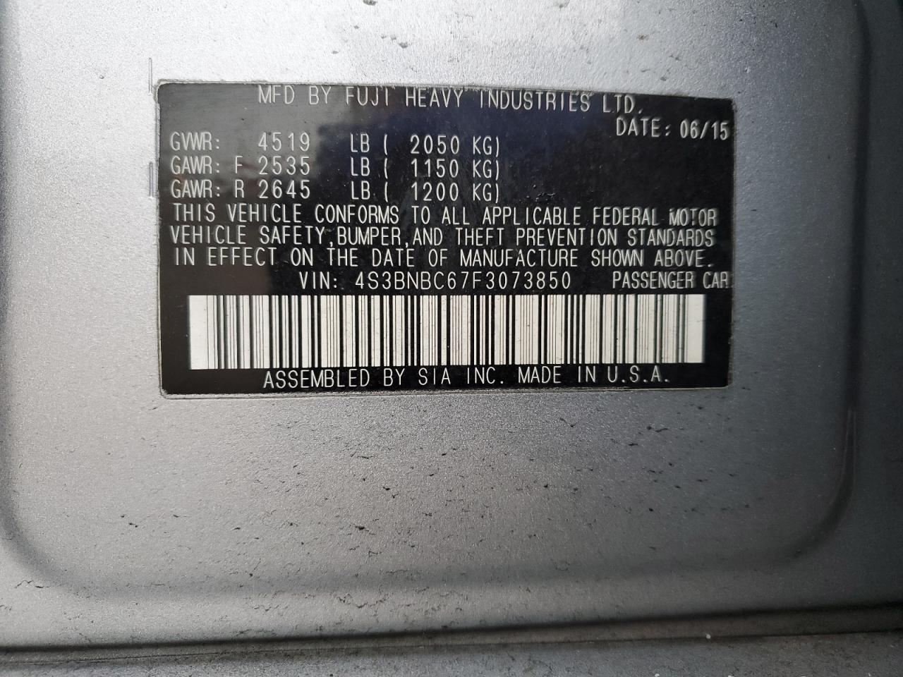 2015 Subaru Legacy VIN 4S3BNBC67F3073850 Copart auction photo, front end / rear end damage thumbnail 15