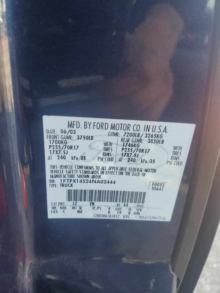 2004 Ford F-150 VIN 1FTPX14524NA02444 Copart auction photo, mechanical / minor dent/scratches damage thumbnail 12
