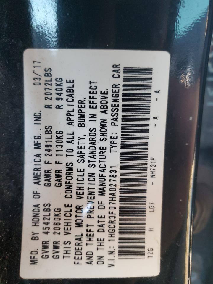 2017 Honda Accord VIN 1HGCR3F07HA027831 Copart auction photo, all over damage thumbnail 12