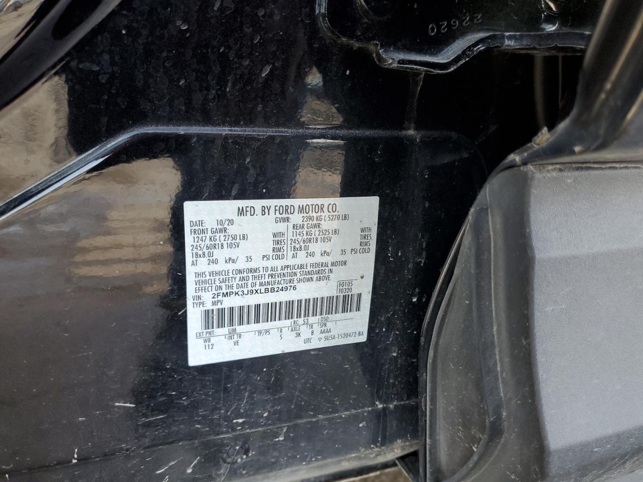 2020 Ford Edge VIN 2FMPK3J9XLBB24976 Copart auction photo, front end damage thumbnail 15