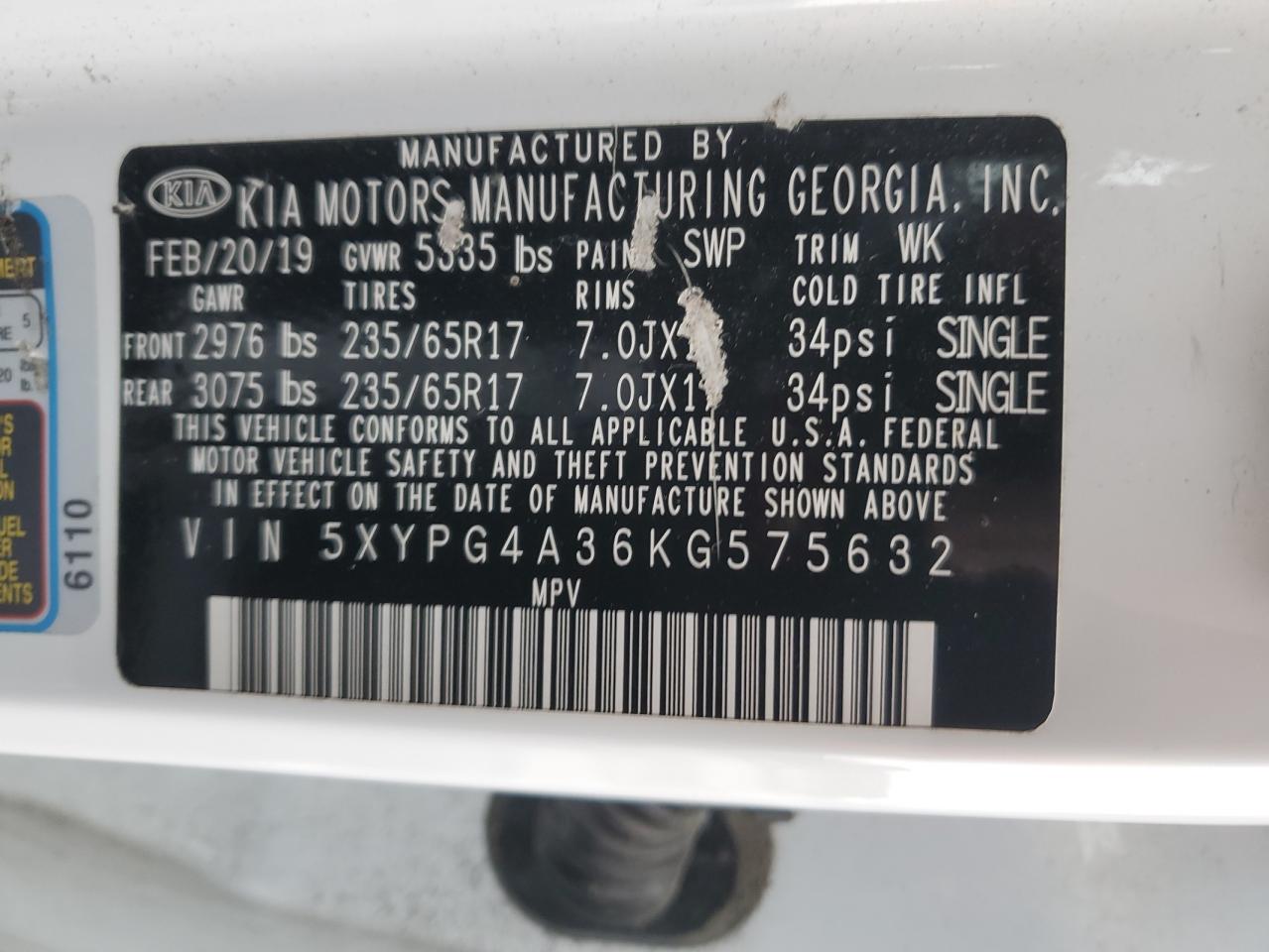 2019 KIA Sorento VIN 5XYPG4A36KG575632 Copart auction photo, front end / rear end damage thumbnail 15