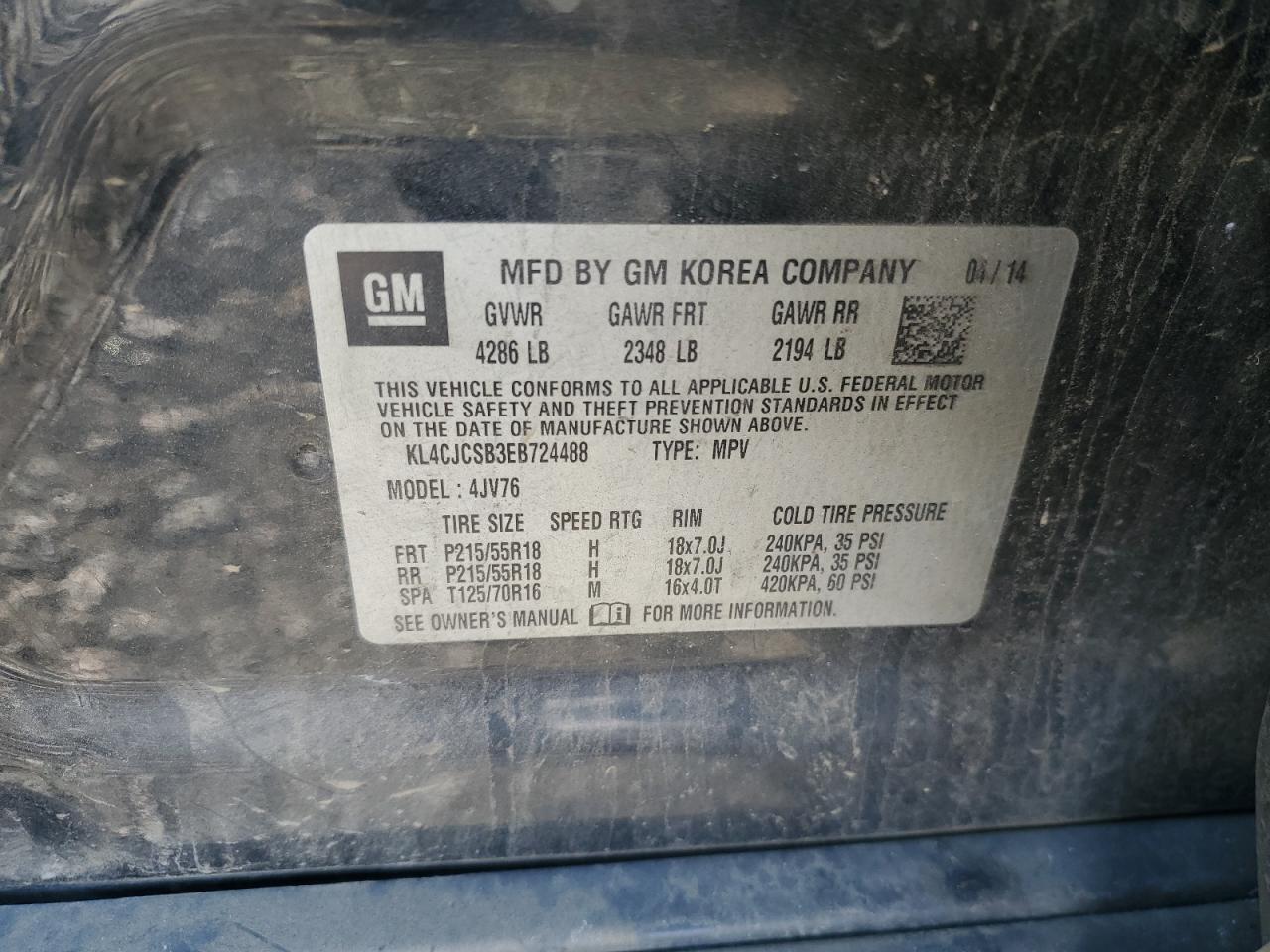 2014 Buick Encore VIN KL4CJCSB3EB724488 Copart auction photo, mechanical / normal wear damage thumbnail 12