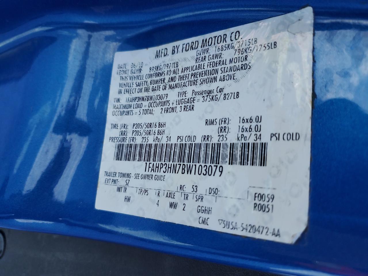 2011 Ford Focus VIN 1FAHP3HN7BW103079 Copart auction photo, front end damage thumbnail 12