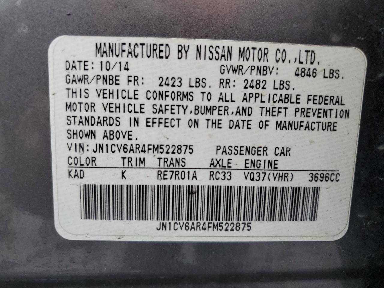 2015 Infiniti Q40 VIN JN1CV6AR4FM522875 Copart auction photo, rear end damage thumbnail 12