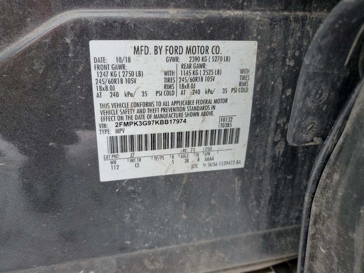 2019 Ford Edge VIN 2FMPK3G97KBB17974 Copart auction photo, front end / side damage thumbnail 14