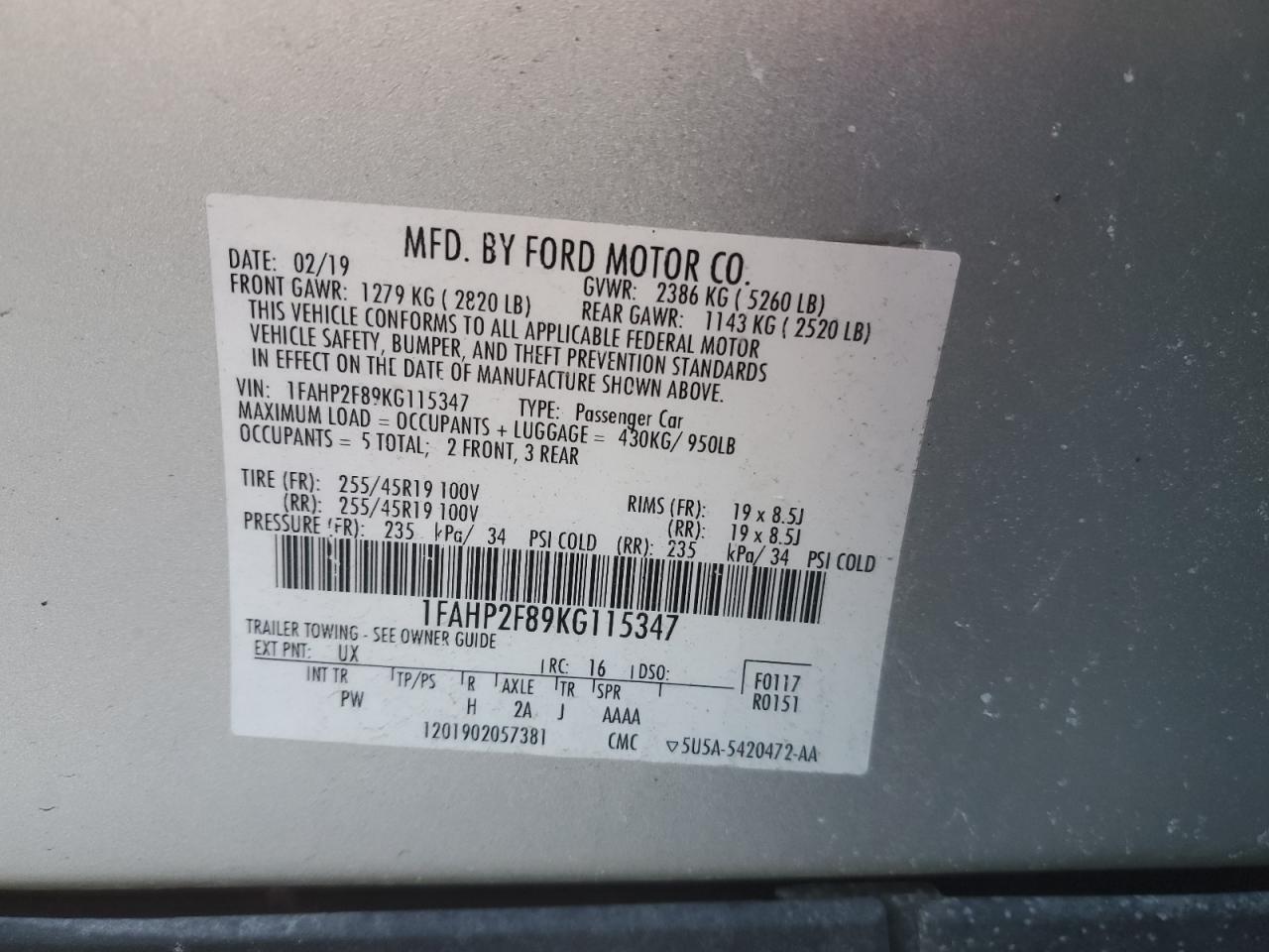 2019 Ford Taurus VIN 1FAHP2F89KG115347 Copart auction photo, front end damage thumbnail 12