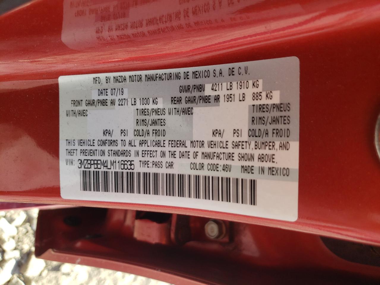 2020 Mazda 3 VIN 3MZBPBEM4LM116635 Copart auction photo, front end damage thumbnail 14