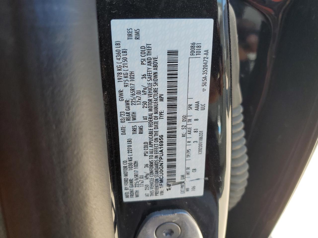 2023 Ford Escape VIN 1FMCU0GN7PUA16956 Copart auction photo, water/flood damage thumbnail 13