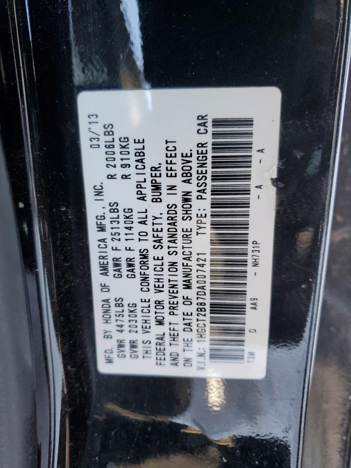2013 Honda Accord VIN 1HGCT2B87DA007421 Copart auction photo, rear end damage thumbnail 12