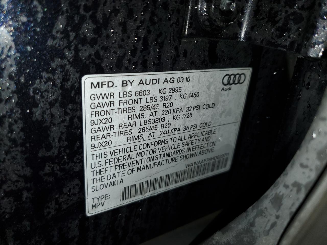 2017 Audi Q7 VIN WA1VAAF76HD029711 Copart auction photo, rear end / hail damage thumbnail 15