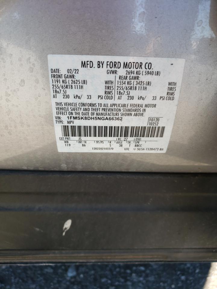 2022 Ford Explorer VIN 1FMSK8DH5NGA66362 Copart auction photo, rear end / side damage thumbnail 14
