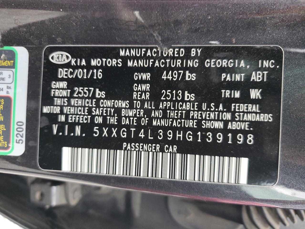 2017 KIA Optima VIN 5XXGT4L39HG139198 Copart auction photo, rear end damage thumbnail 12