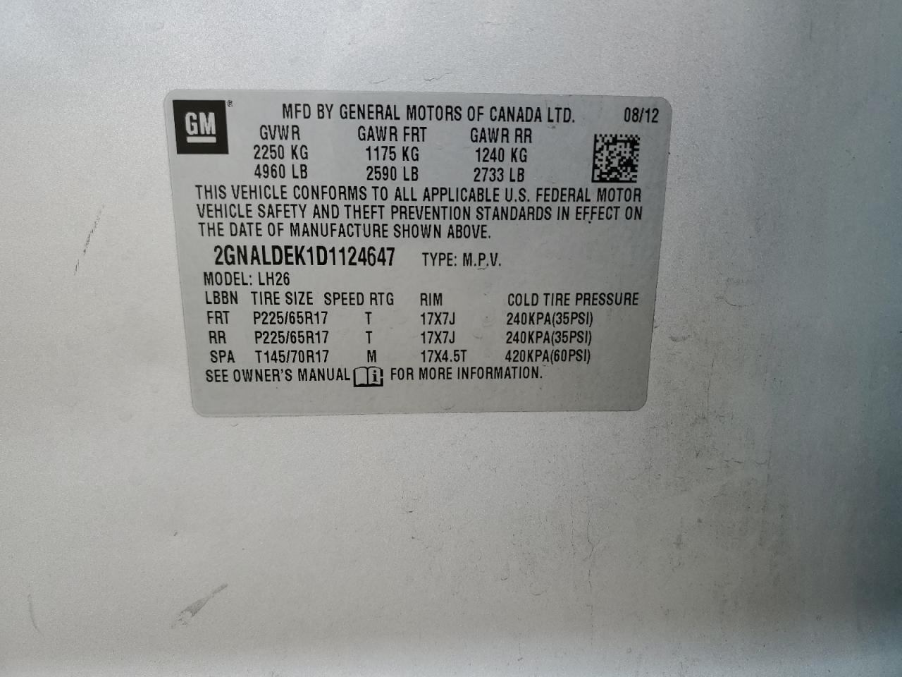 2013 Chevrolet Equinox VIN 2GNALDEK1D1124647 Copart auction photo, front end / side damage thumbnail 13