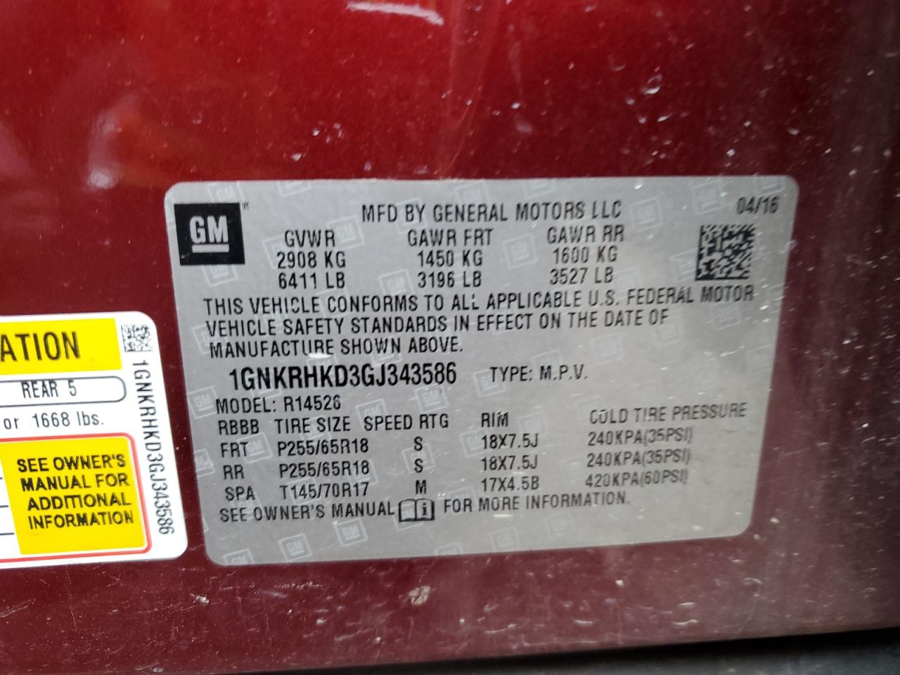 2016 Chevrolet Traverse VIN 1GNKRHKD3GJ343586 Copart auction photo, side / front end damage thumbnail 12