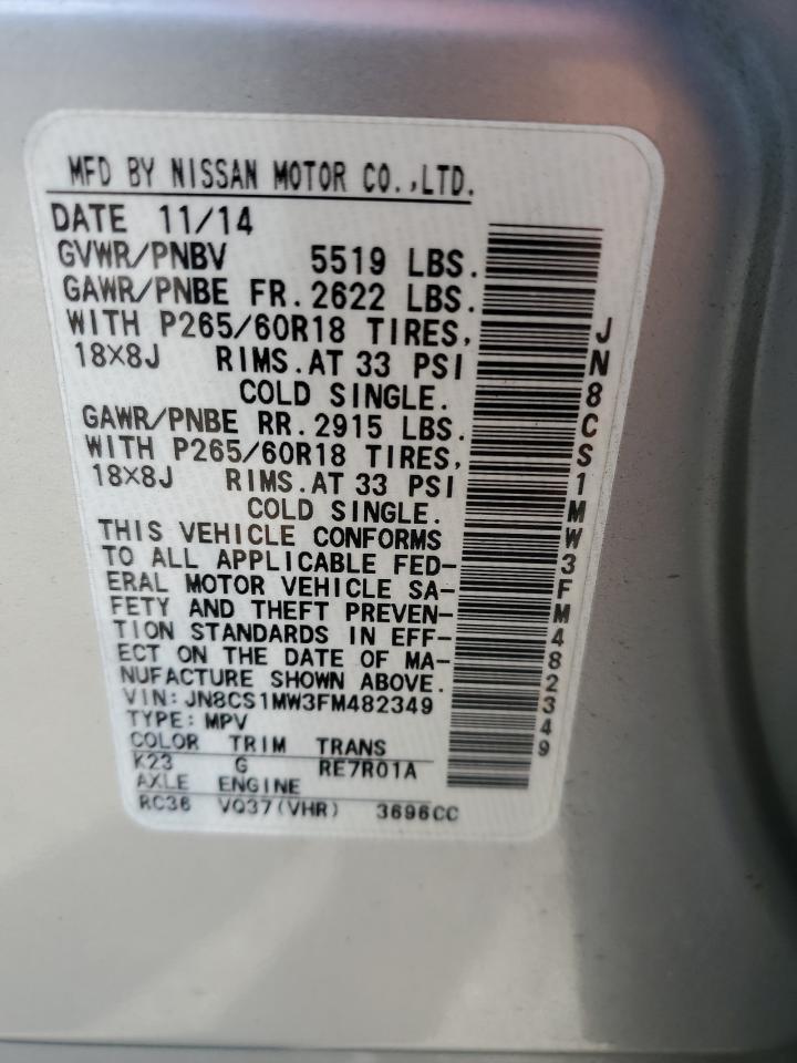 2015 Infiniti QX70 VIN JN8CS1MW3FM482349 Copart auction photo, rear end / rejected repair damage thumbnail 13