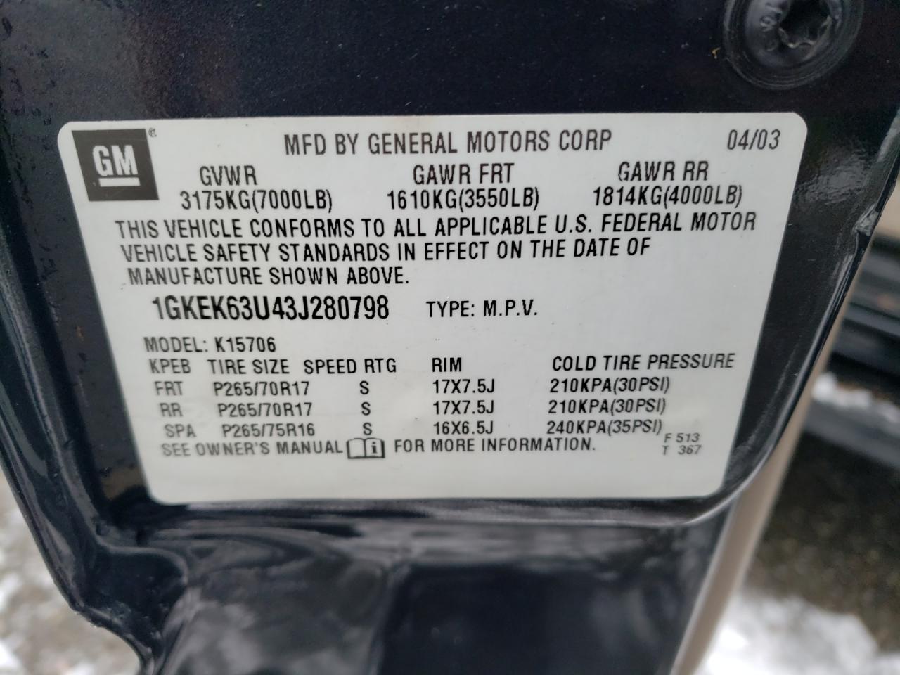 2003 GMC Yukon VIN 1GKEK63U43J280798 Copart auction photo, front end damage thumbnail 16