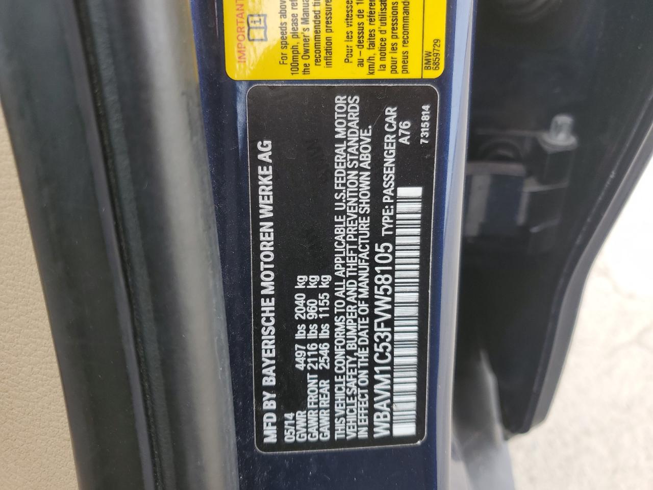 2015 BMW X1 VIN WBAVM1C53FVW58105 Copart auction photo, front end damage thumbnail 12
