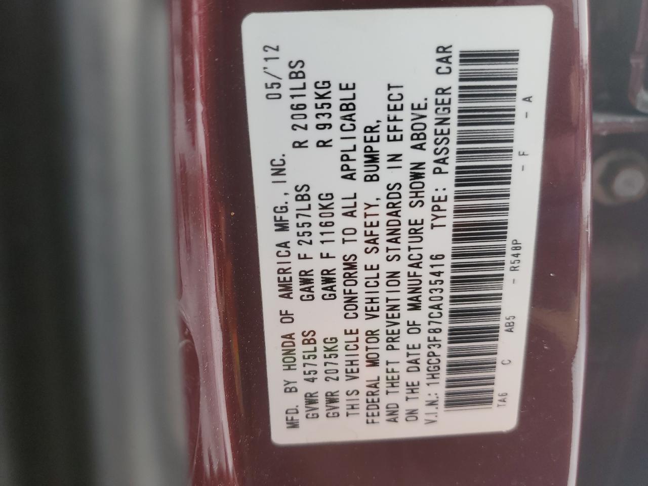 2012 Honda Accord VIN 1HGCP3F87CA035416 Copart auction photo, rear end damage thumbnail 13