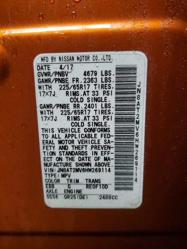 2017 Nissan Rogue VIN JN8AT2MV6HW269114 Copart auction photo, rollover / mechanical damage thumbnail 15