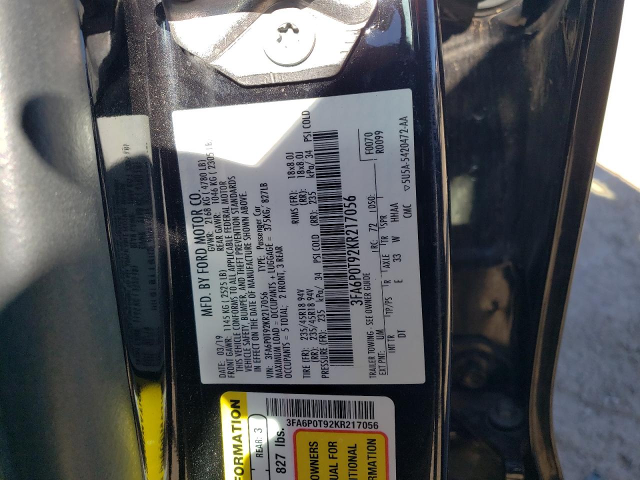 2019 Ford Fusion VIN 3FA6P0T92KR217056 Copart auction photo, rear end / all over damage thumbnail 12
