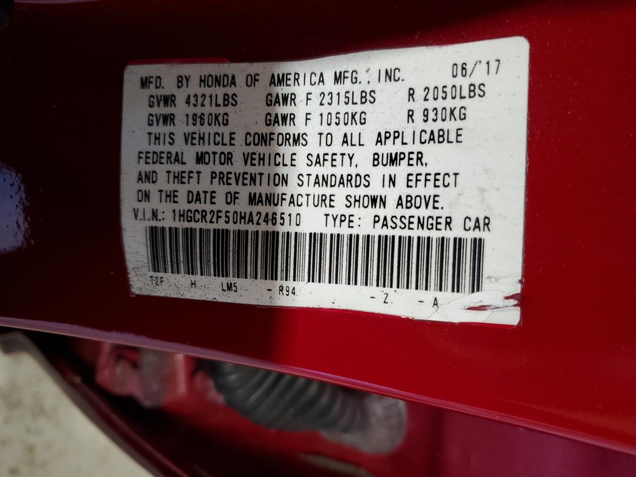 2017 Honda Accord VIN 1HGCR2F50HA246510 Copart auction photo, front end damage thumbnail 13