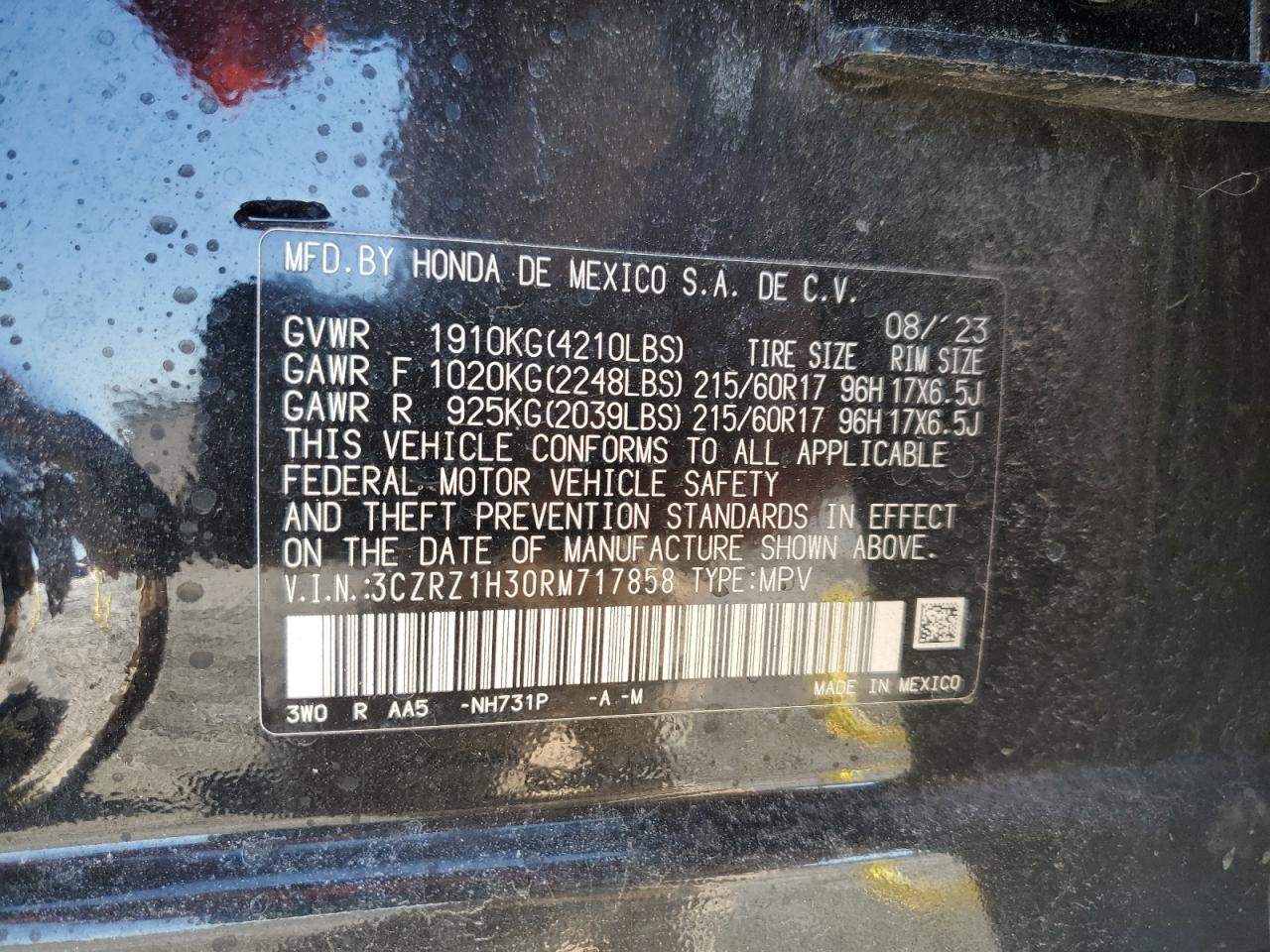 2024 Honda HR-V VIN 3CZRZ1H30RM717858 Copart auction photo, front end / undercarriage damage thumbnail 16