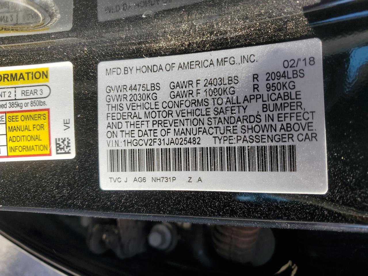 2018 Honda Accord VIN 1HGCV2F31JA025482 Copart auction photo, side damage thumbnail 12