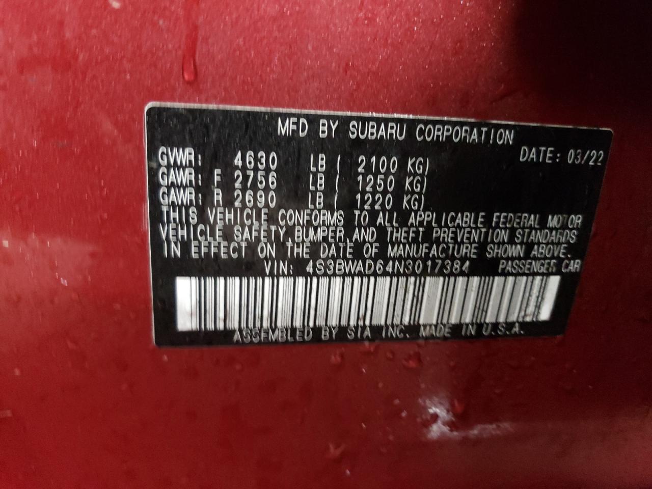 2022 Subaru Legacy VIN 4S3BWAD64N3017384 Copart auction photo, all over damage thumbnail 12