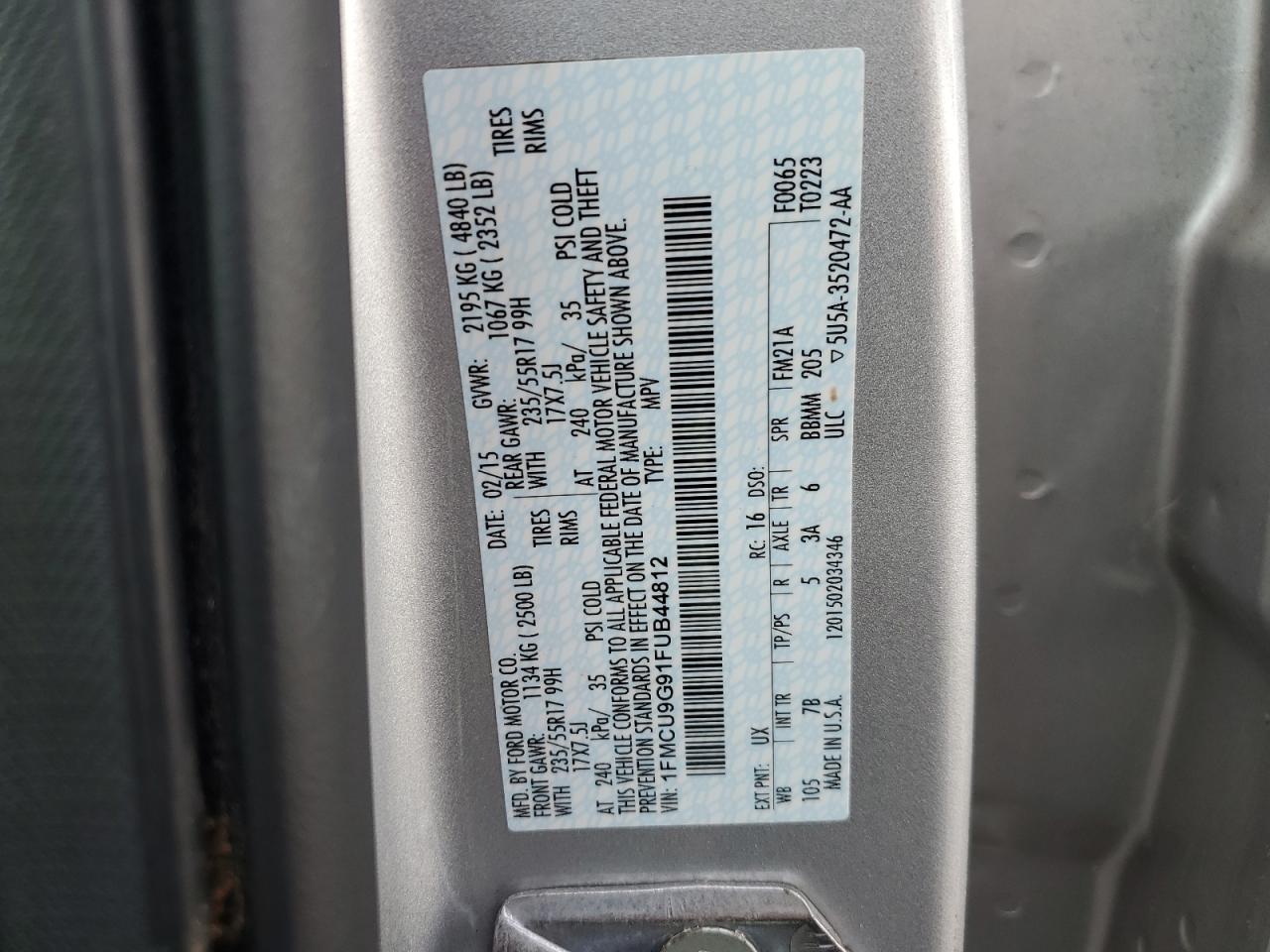 2015 Ford Escape VIN 1FMCU9G91FUB44812 Copart auction photo, normal wear damage thumbnail 13