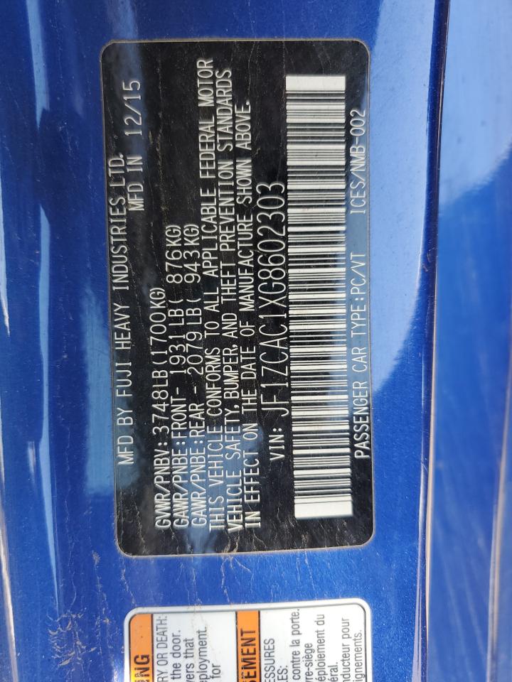 2016 Subaru BRZ VIN JF1ZCAC1XG8602303 Copart auction photo, vandalism damage thumbnail 12