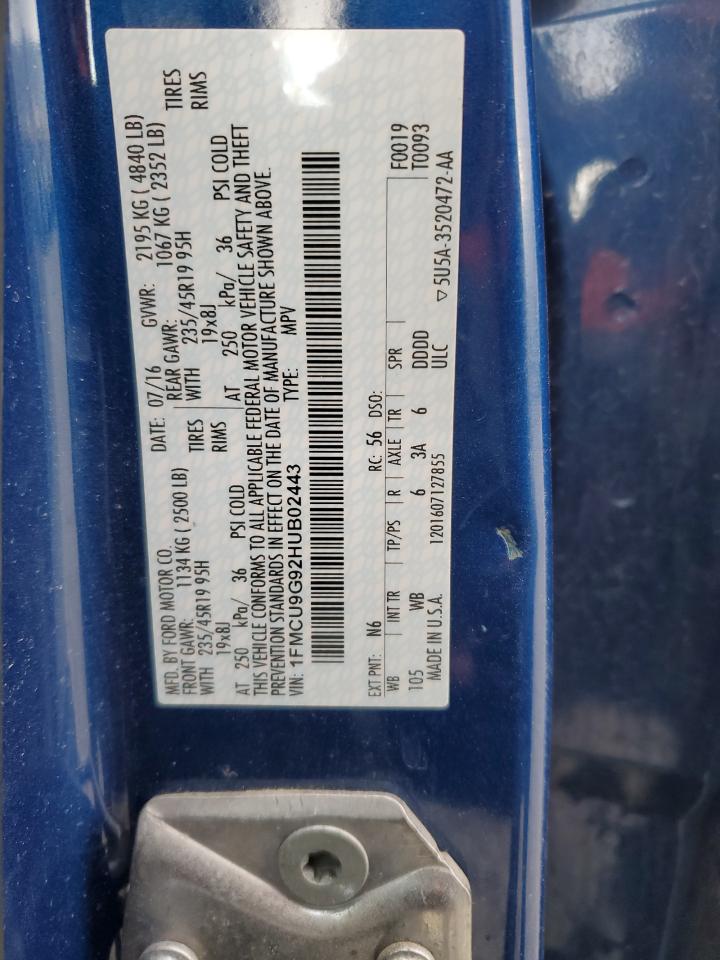 2017 Ford Escape VIN 1FMCU9G92HUB02443 Copart auction photo, front end / side damage thumbnail 15