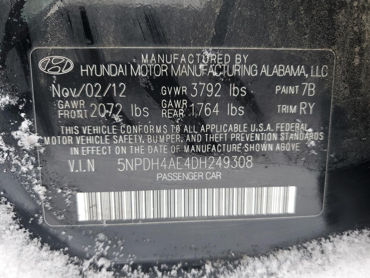 2013 Hyundai Elantra VIN 5NPDH4AE4DH249308 Copart auction photo, front end damage thumbnail 14