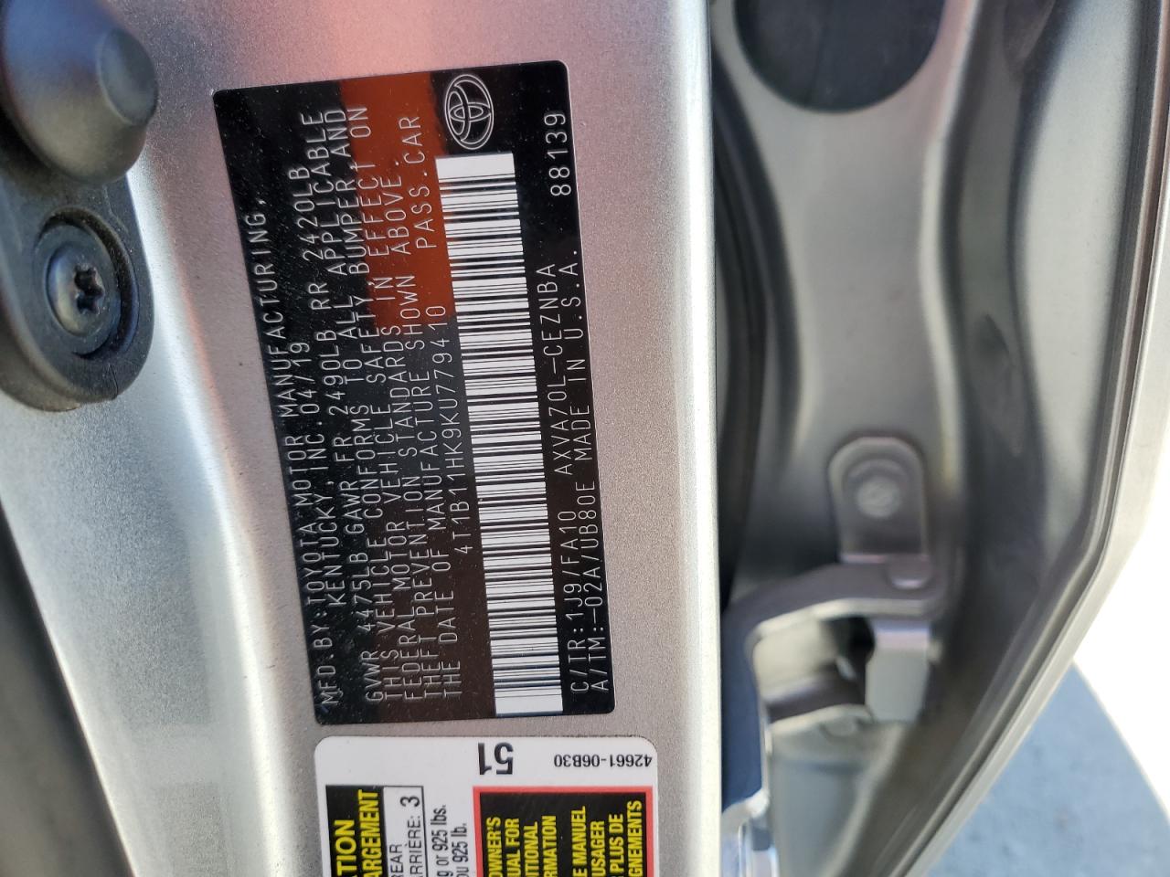 2019 Toyota Camry VIN 4T1B11HK9KU779410 Copart auction photo, front end damage thumbnail 12