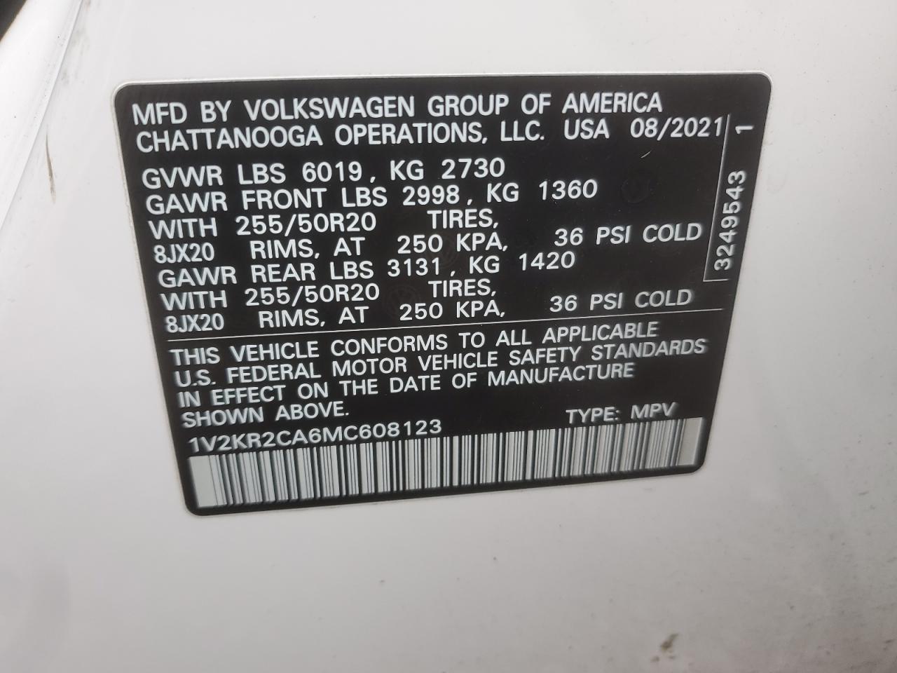 2021 Volkswagen Atlas VIN 1V2KR2CA6MC608123 Copart auction photo, front end damage thumbnail 16