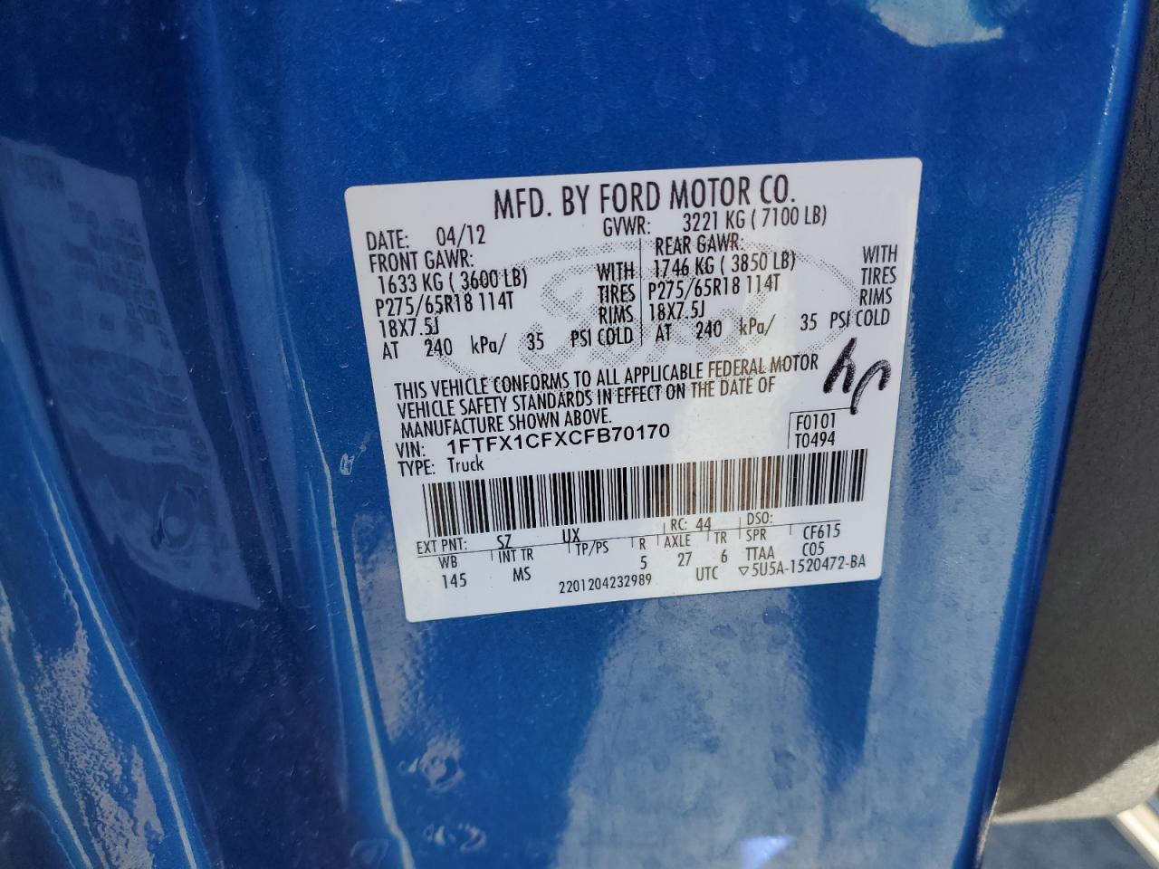 2012 Ford F-150 VIN 1FTFX1CFXCFB70170 Copart auction photo, all over / minor dent/scratches damage thumbnail 12